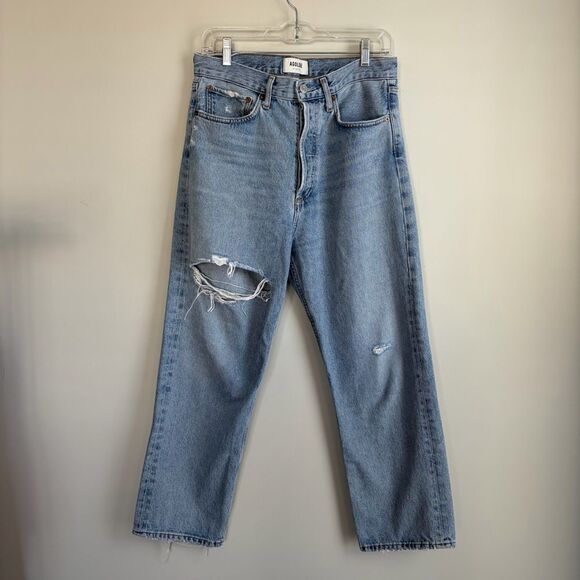 Agolde Denim - AGOLDE 90s Crop Jeans Echo Blue High Rise Denim Light Wash Destroyed